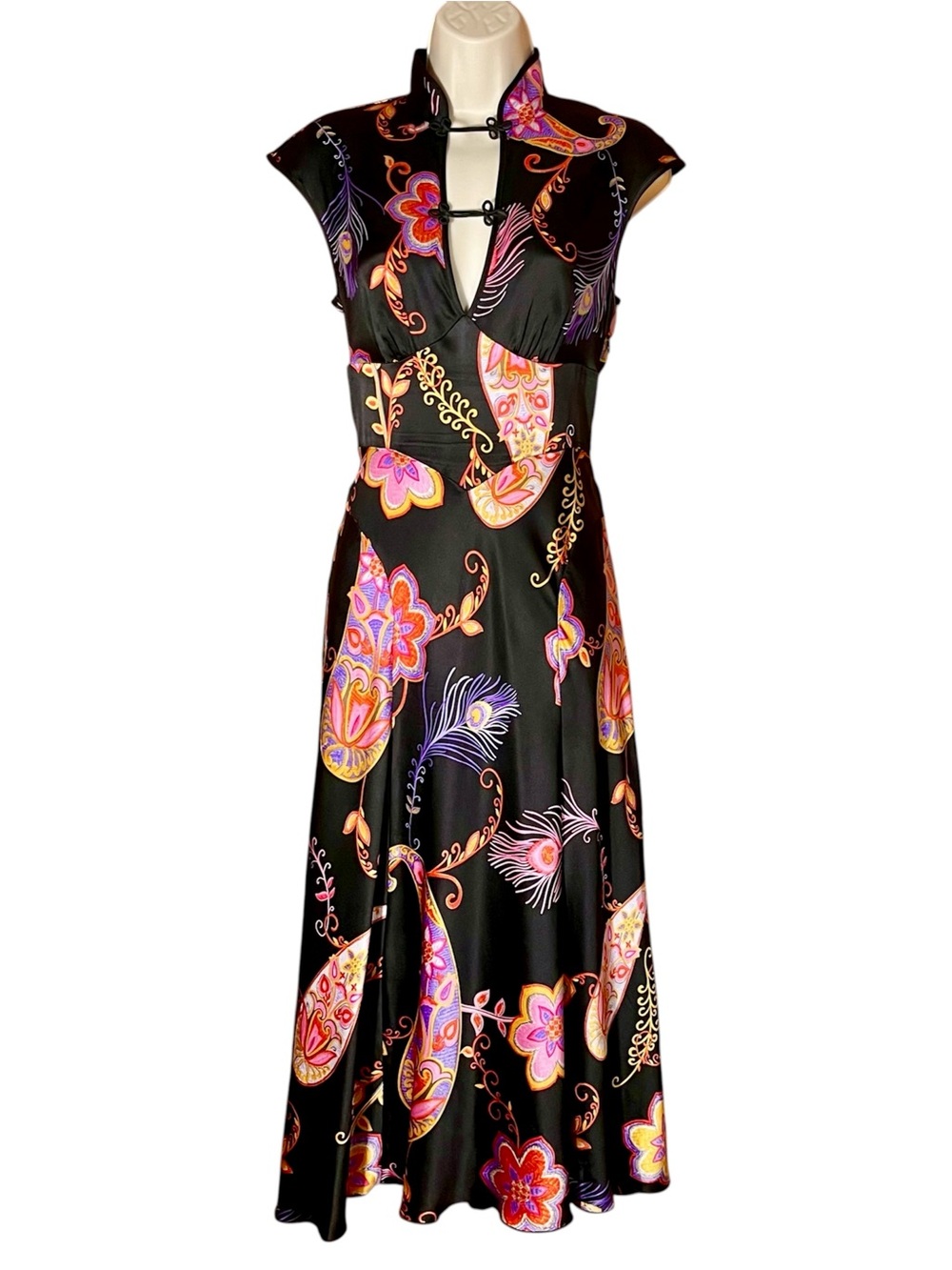 Trina Turk Silk Midi Dress Floral Asian Style Cocktail Paisley Print y2k 4 S